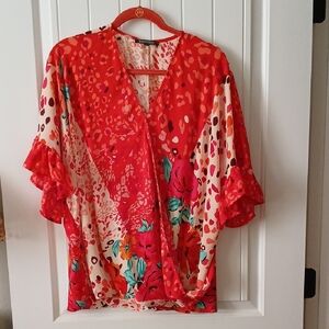 Laurel Grey Vibrant Red and Pink Floral Blouse Size XL